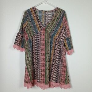 Pink Multicolor Bohemian Mini Dress Womens S V-Neck 3/4 Bell Sleeve Lace Trim